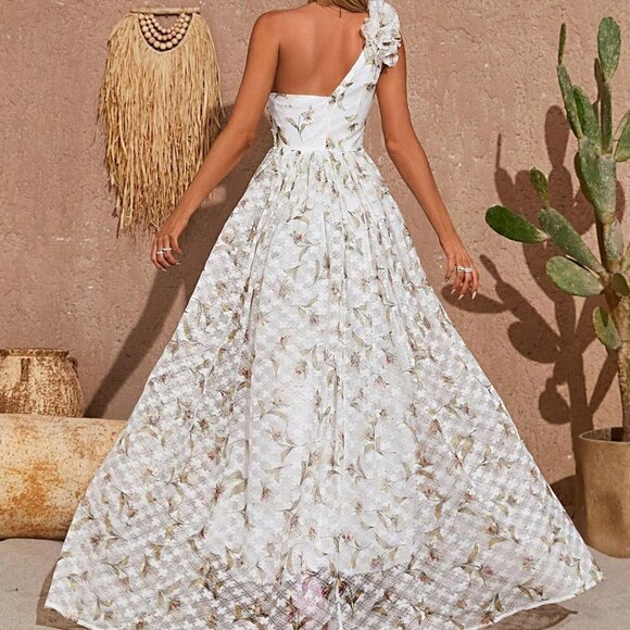 White Boho Womens One Shoulder Ruffle Trim Split Thigh Lace Dress - Picture 2 of 5